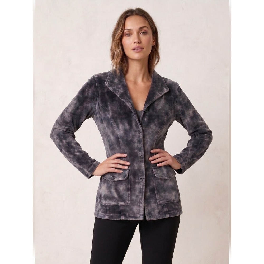 Yak N Yeti Women's Acid Wash Velour Button Up Blazer Jacket Grey Small